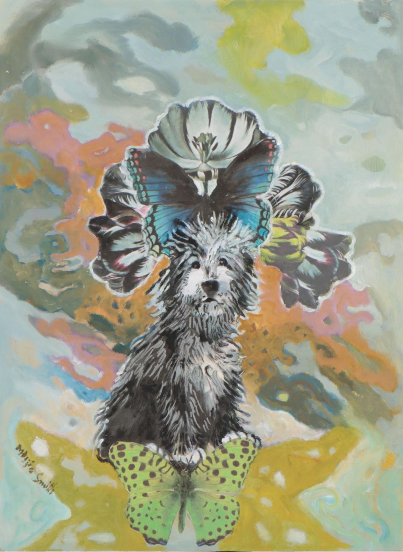 Maggie Smith Mixed Media Painting of Irish Wolfhound with Butterflies