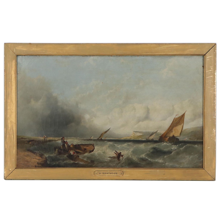 Alfred Montague Seascape Oil Painting of Rough Seas, Mid-19th Century