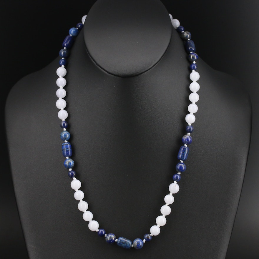 Lapis Lazuli and Calcite Beaded Necklace with Sterling Clasp