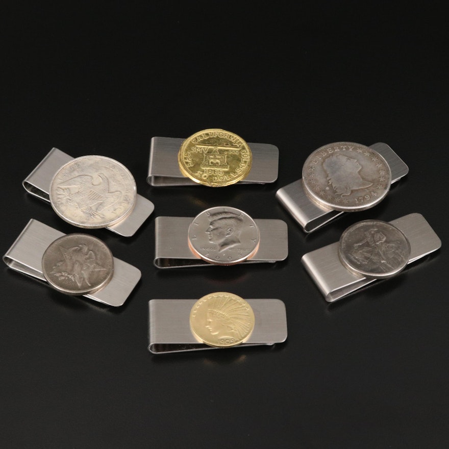 Coin Accented Money Clip Selection Including Kennedy Clad Half Dollar
