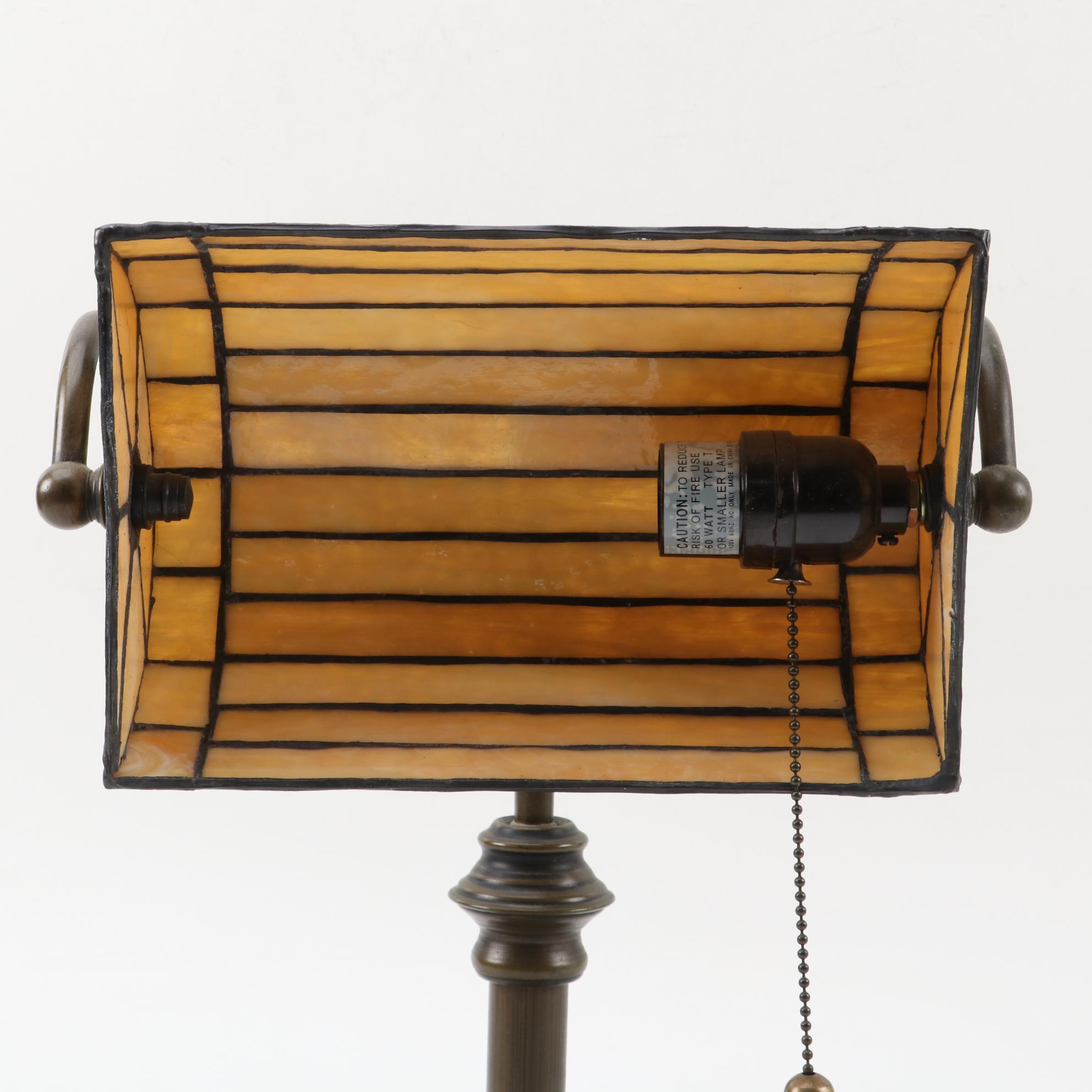 Tiffany Style Slag Glass Desk Lamp on Patinated Metal Base, 21st Century