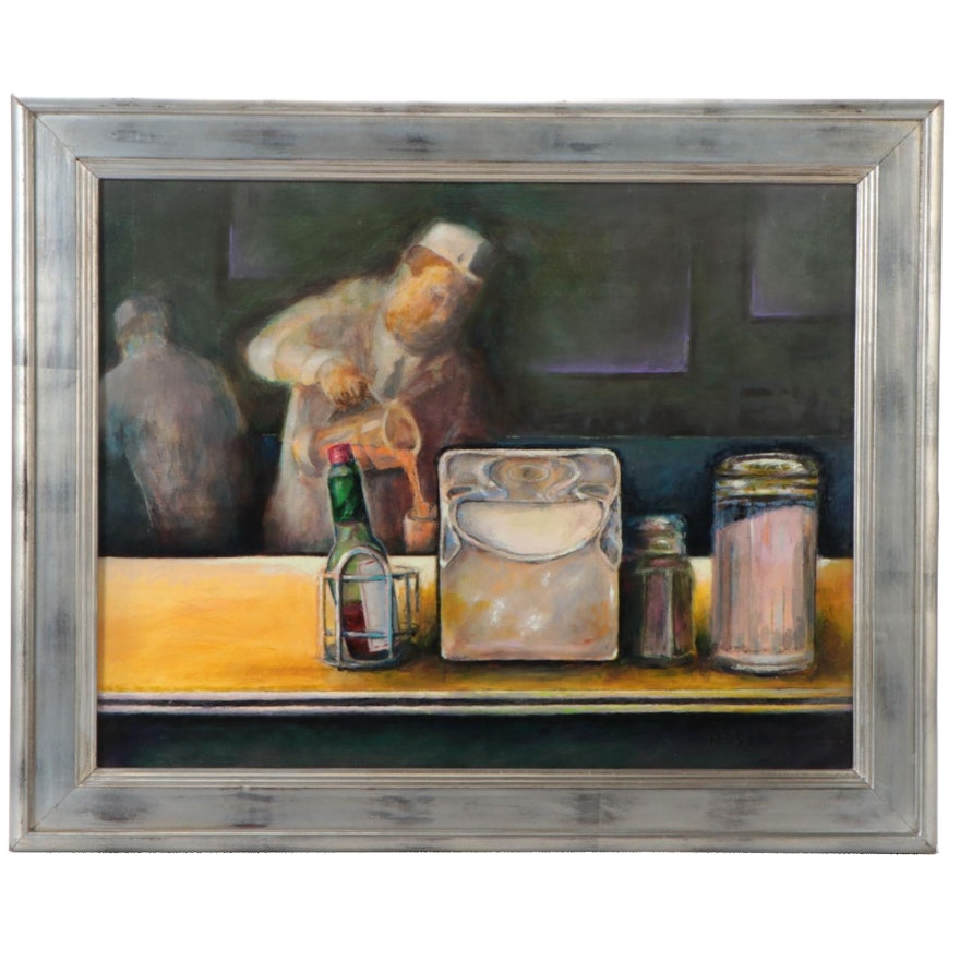 Ned Stern Acrylic Painting "Lunch Counter Man," Late 20th Century