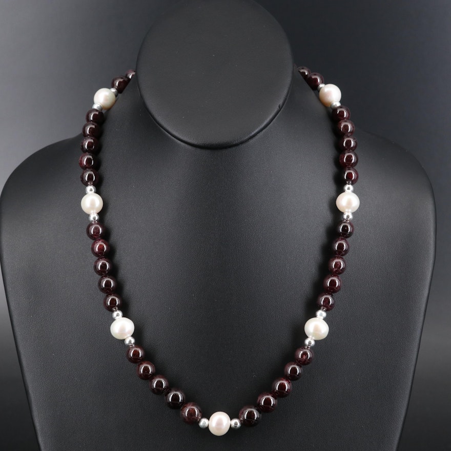 Sterling Garnet and Pearl Beaded Necklace