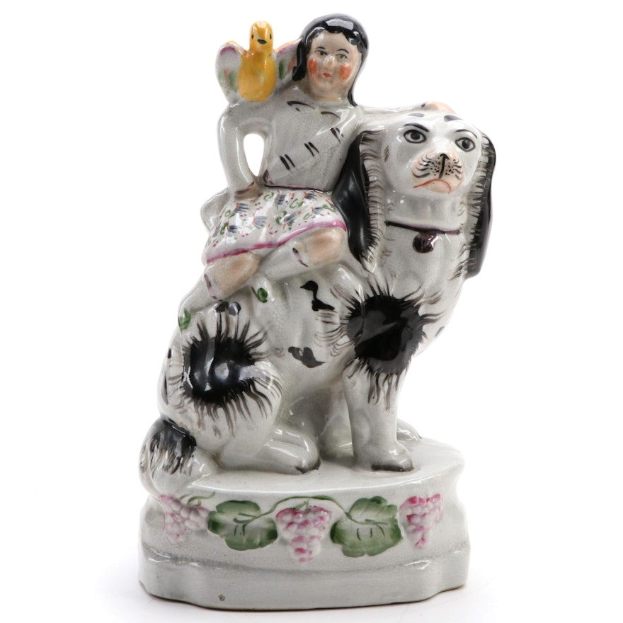 Staffordshire Ceramic Figurine of Child with a Dog and Bird, Late 20th Century