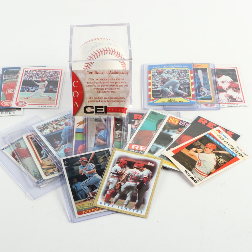 Pete Rose Signed Rawlings National League Baseball and Cards with CEI COA