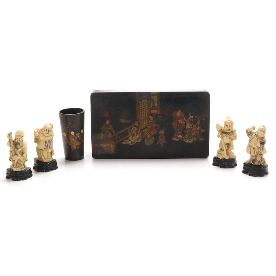 Japanese Lacquered Papier-Mâché Box and Brush Holder with Resin Deity Figurines