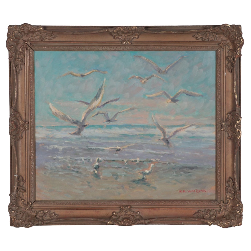 Robert Waltsak Oil Painting of Seagulls on the Beach