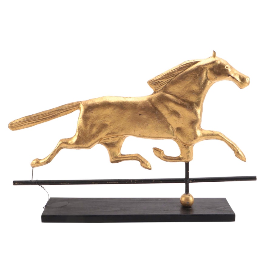 Mounted Gold Painted Copper Running Horse Weathervane Figure, 20th Century