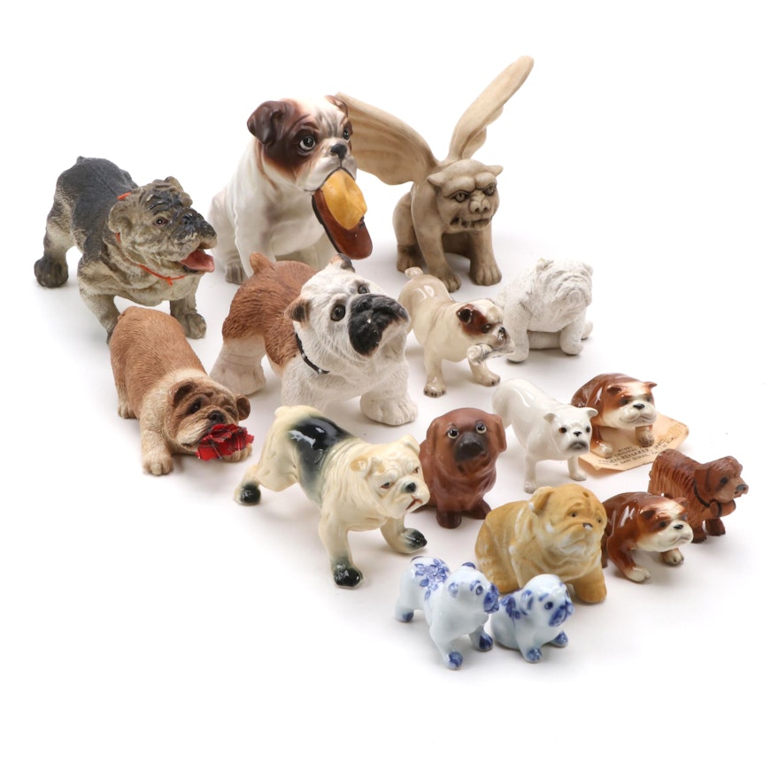 Array of Miniature Resin and Porcelain Bulldogs with Gargoyle Figurine