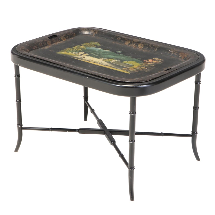 English Victorian Painted Tole Tray on Stand, Mid-19th Century
