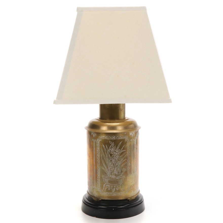 Wildwood Lamps Etched Brass Chinese Tea Canister-Form Table Lamp