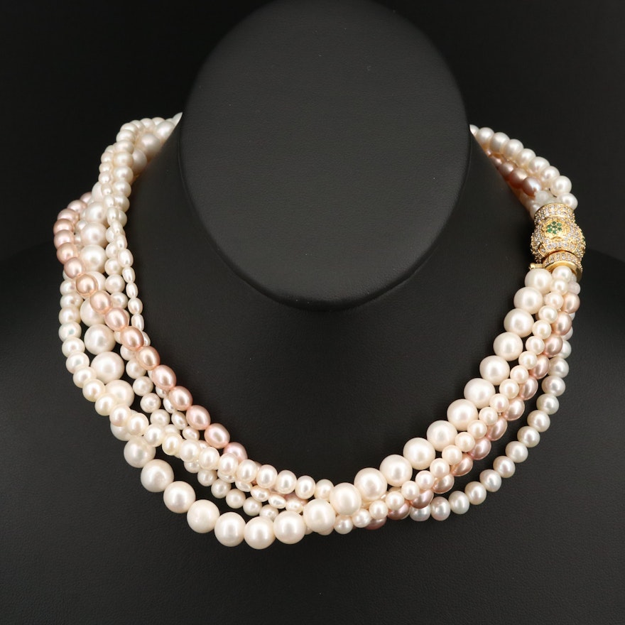 Pearl Graduated Multi-Strand Necklace with Cubic Zirconia Clasp