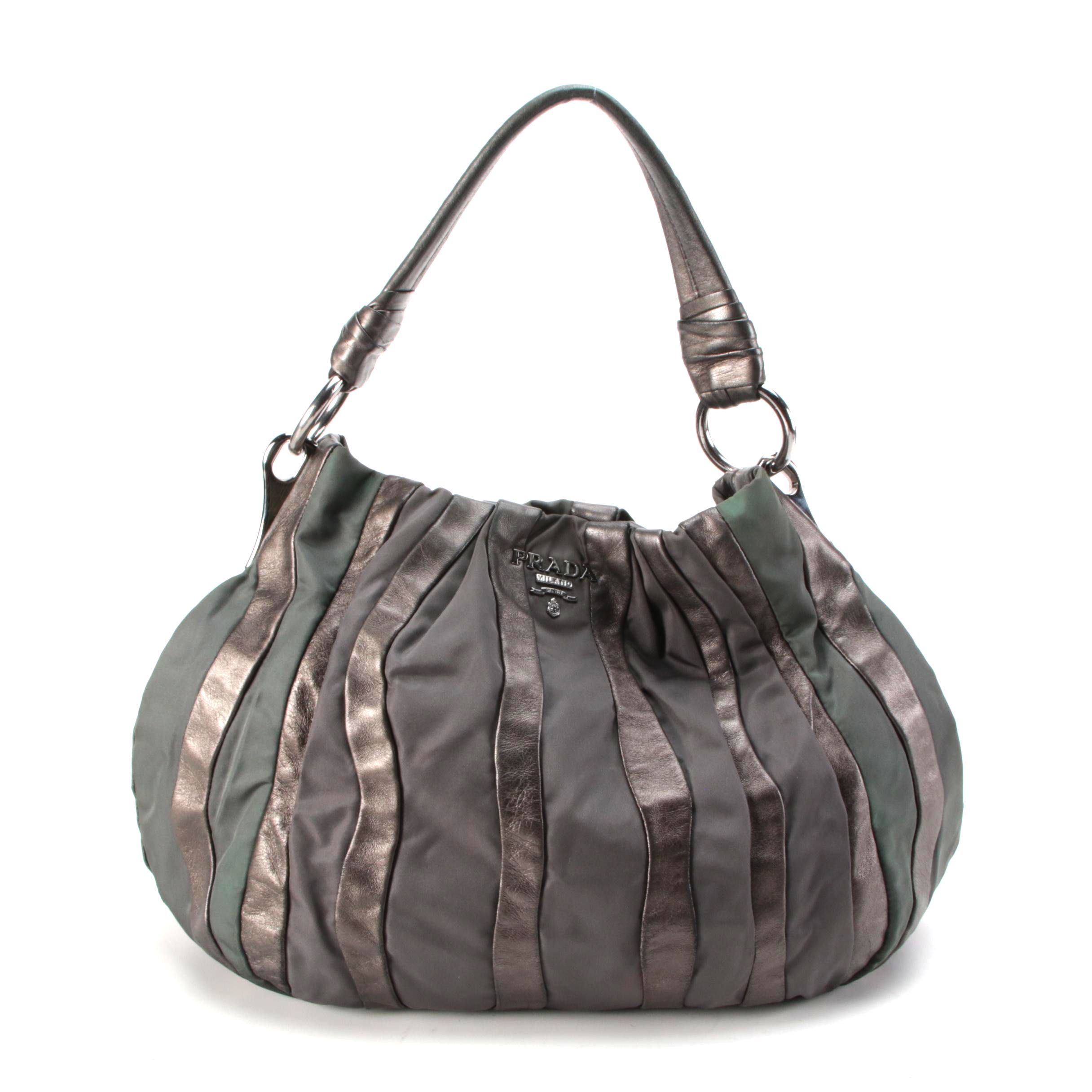 Prada Mordore Hobo Bag in Tessuto and Pewter Nappa Stripes
