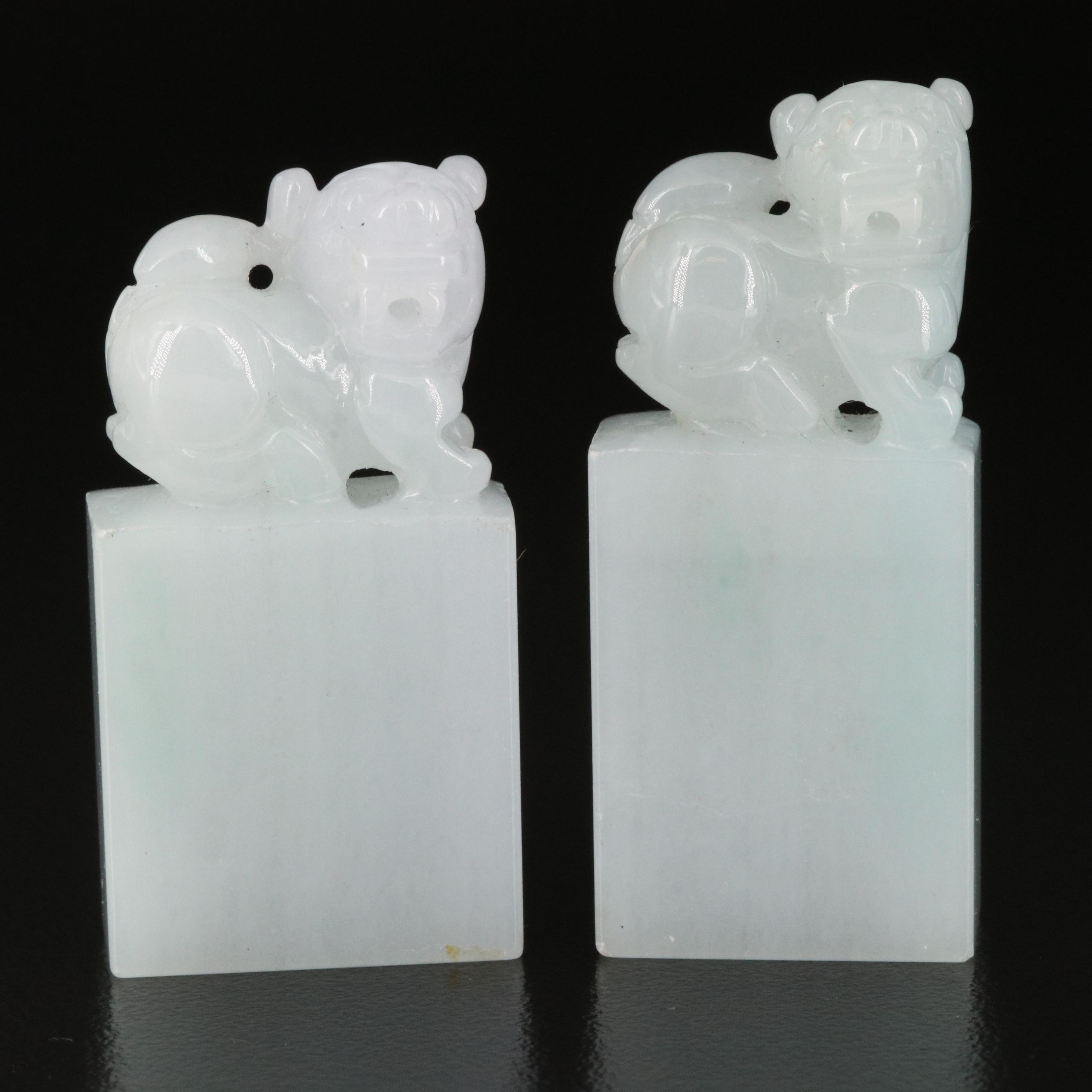 Carved Jadeite Guardian Lion Pendants