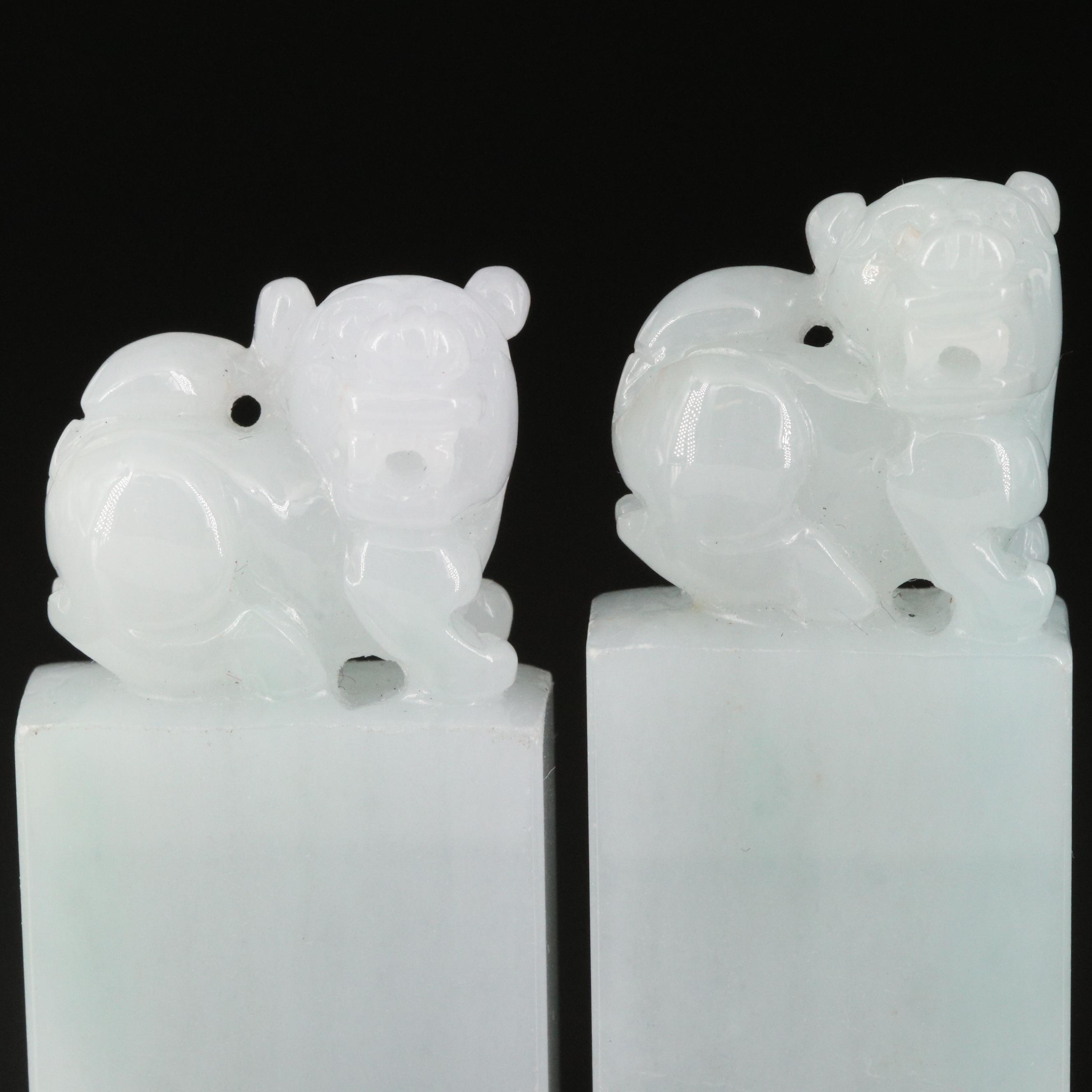 Carved Jadeite Guardian Lion Pendants
