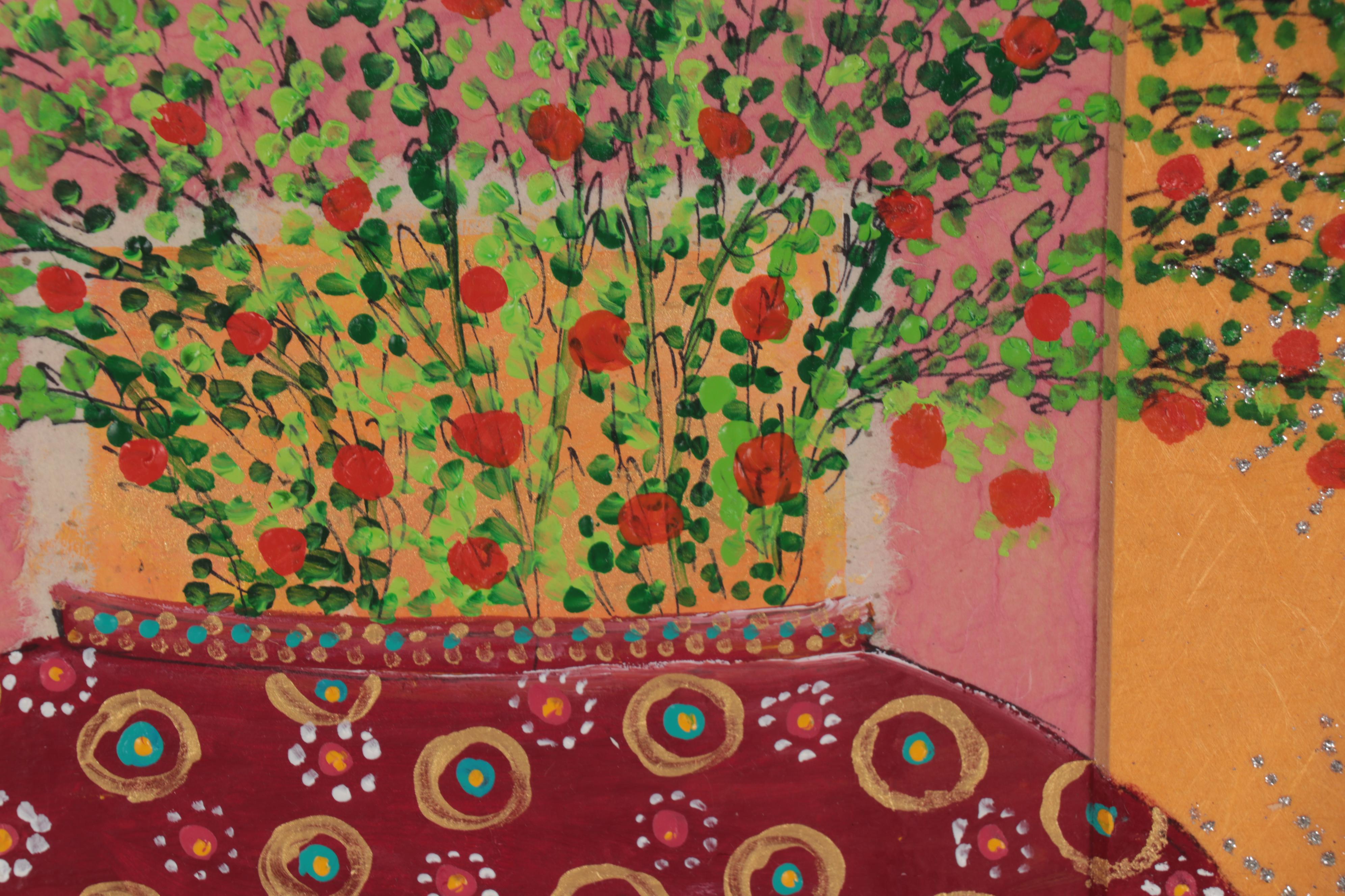 Mira Raman Mixed Media Painting of Flower Arrangement, Late 20th Century