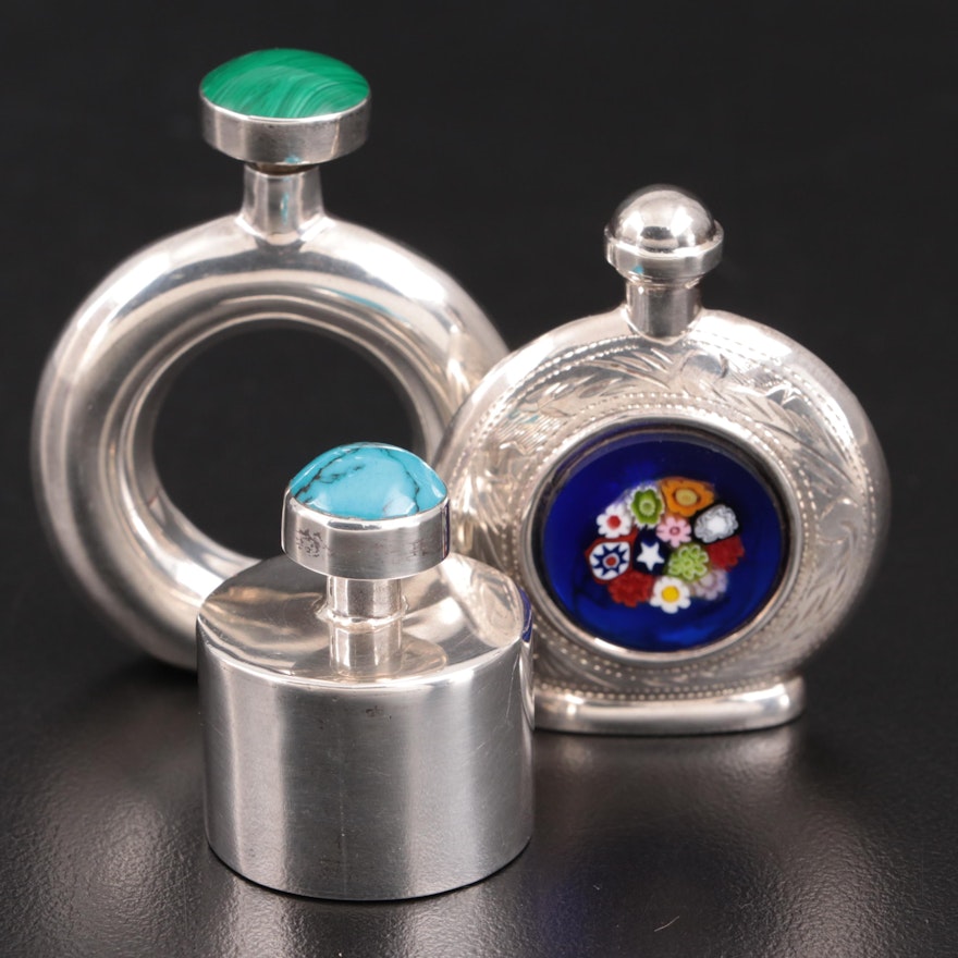 Mexican and Italian Sterling Perfume Bottles with Gemstones and Millefiori Glass