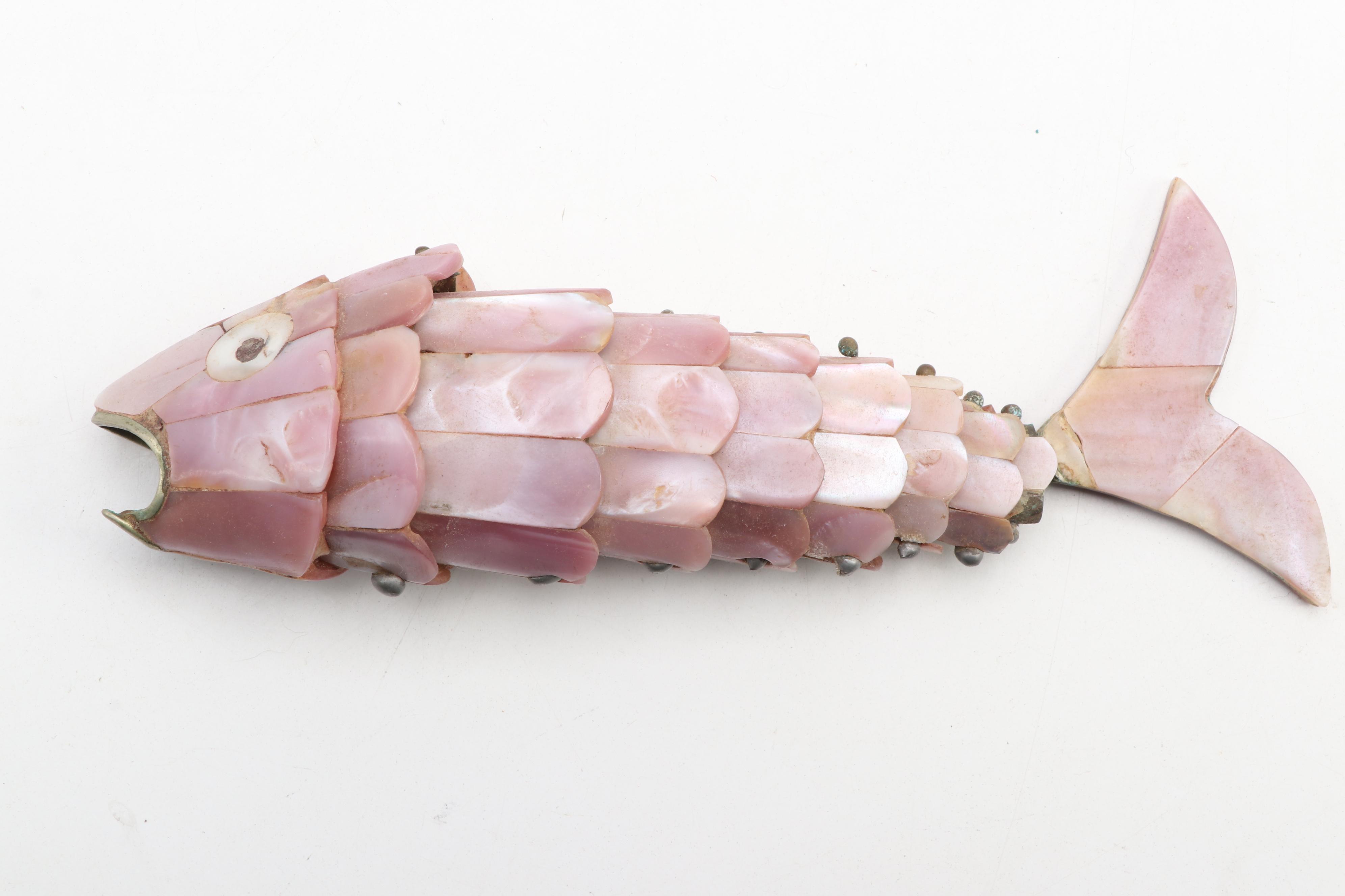 Mexican Pink Abalone Shell Articulated Fish Bottle Opener, Mid-20th Century