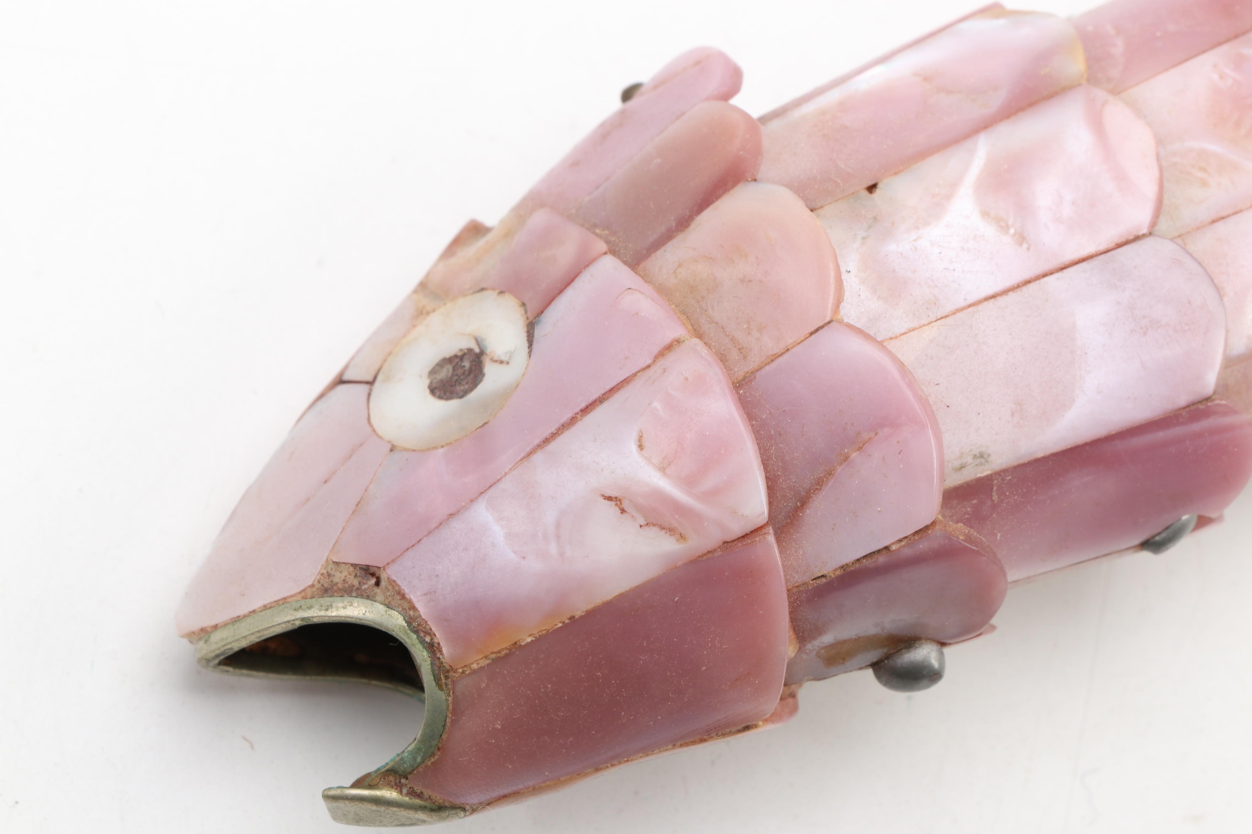 Mexican Pink Abalone Shell Articulated Fish Bottle Opener, Mid-20th Century