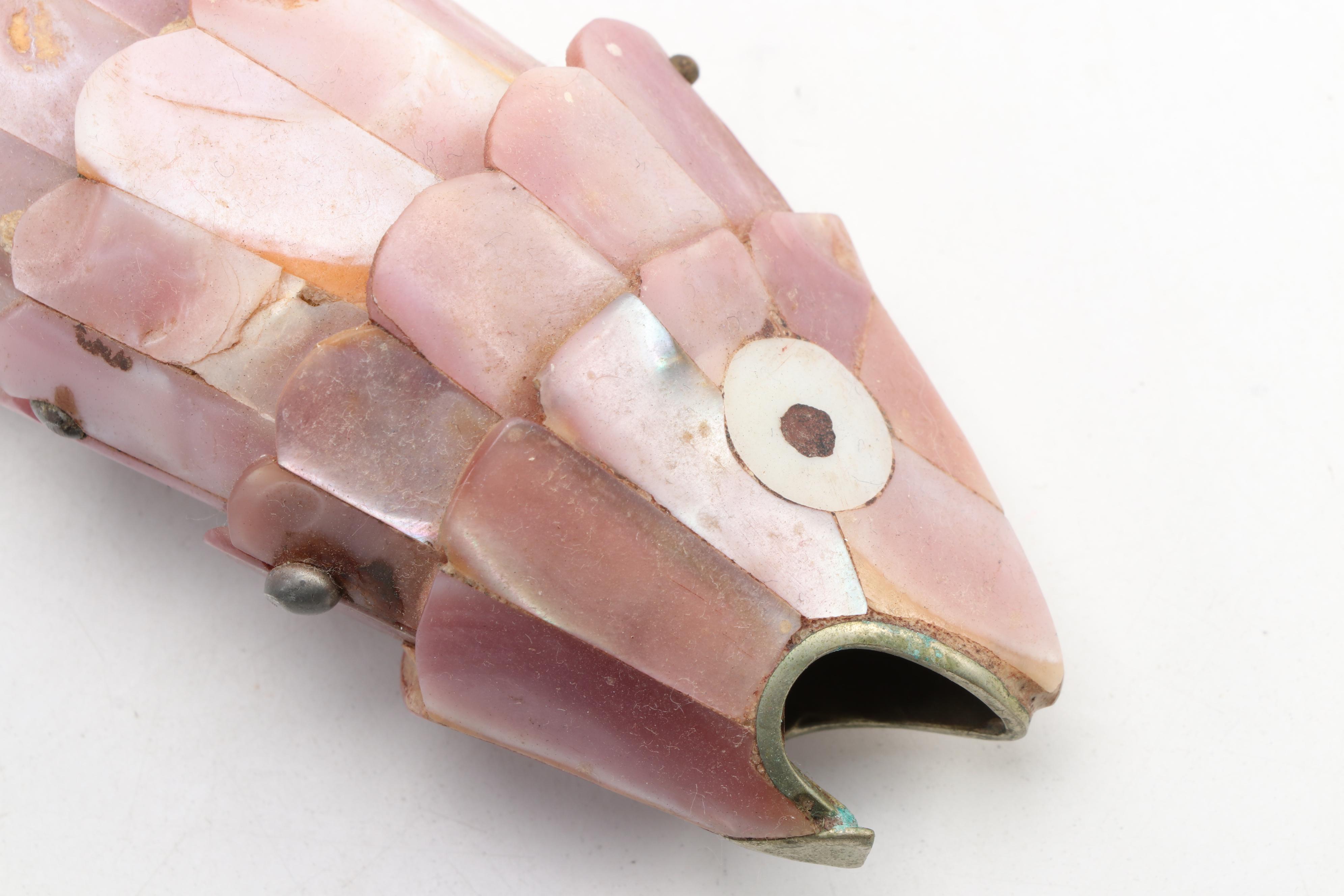 Mexican Pink Abalone Shell Articulated Fish Bottle Opener, Mid-20th Century