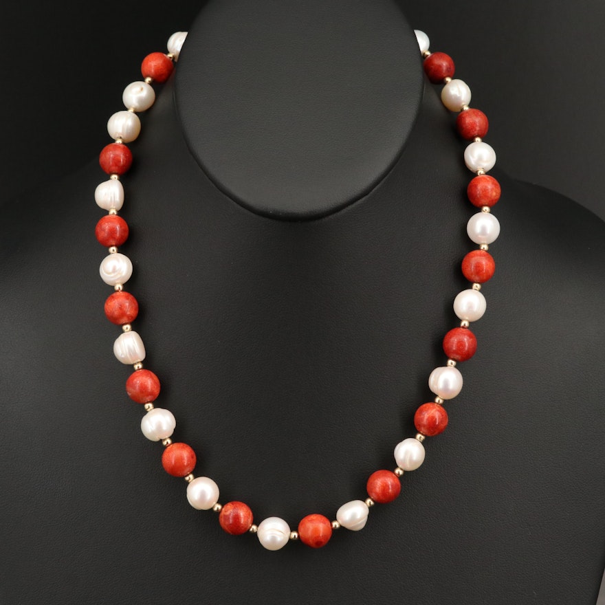 14K Baroque Pearl and Round Bead Coral Necklace