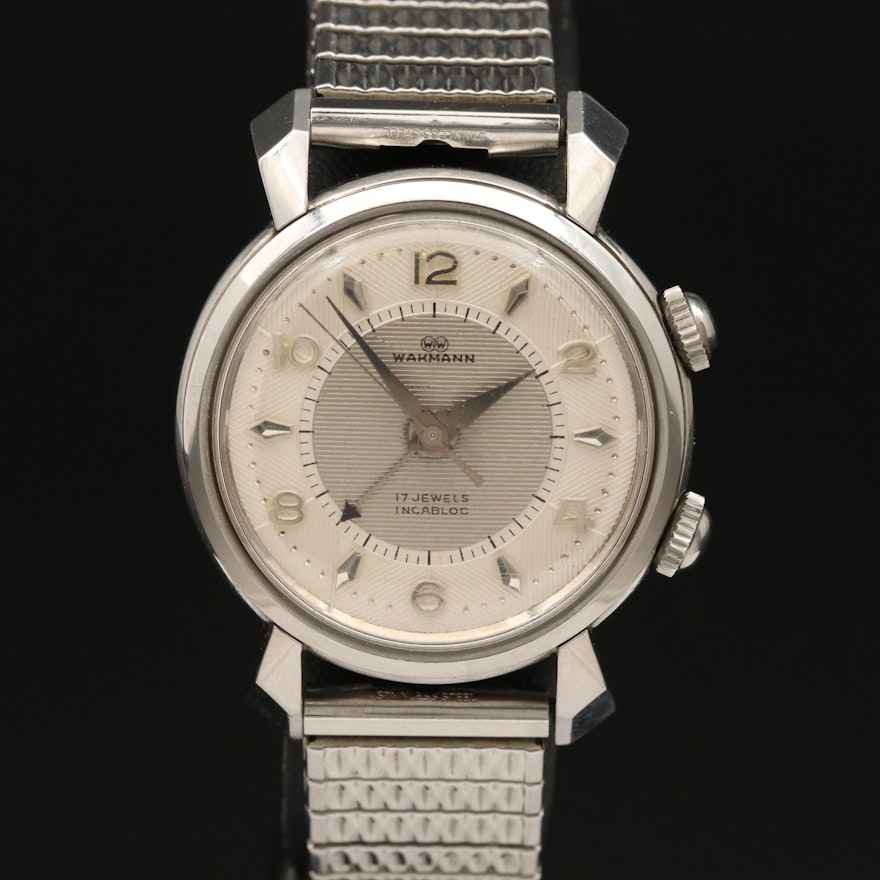 Vintage Wakmann Alertic Stainless Steel Stem Wind Alarm Wristwatch