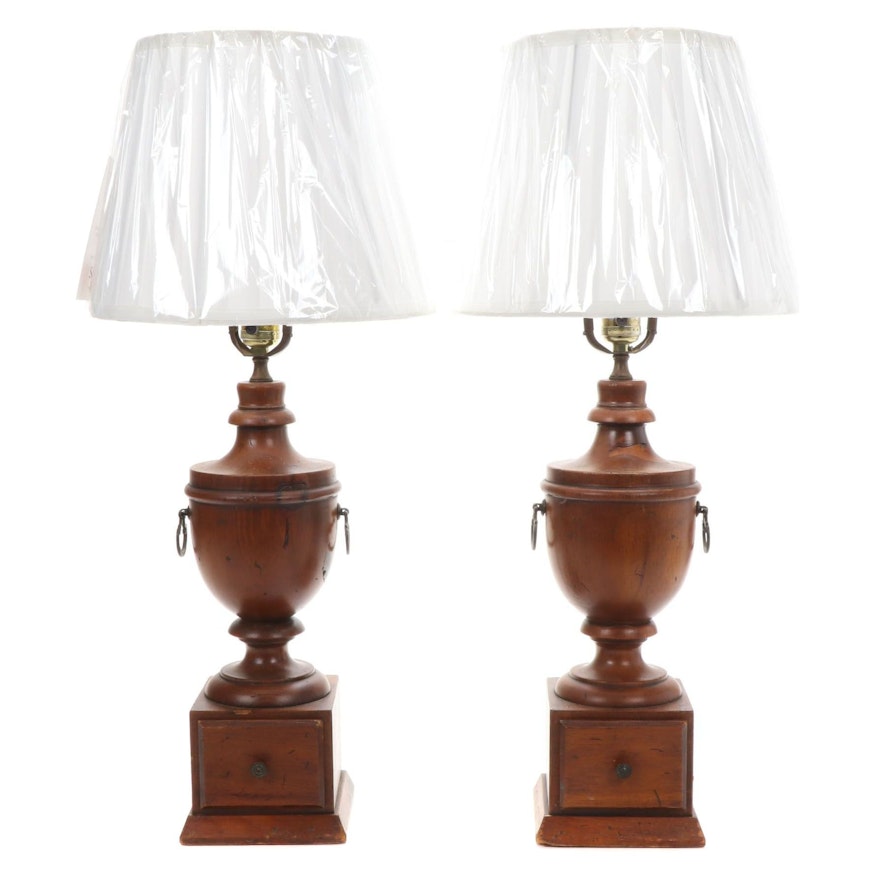 Pair of Oak Urn Form Table Lamps with Drawer and Pleated Shade