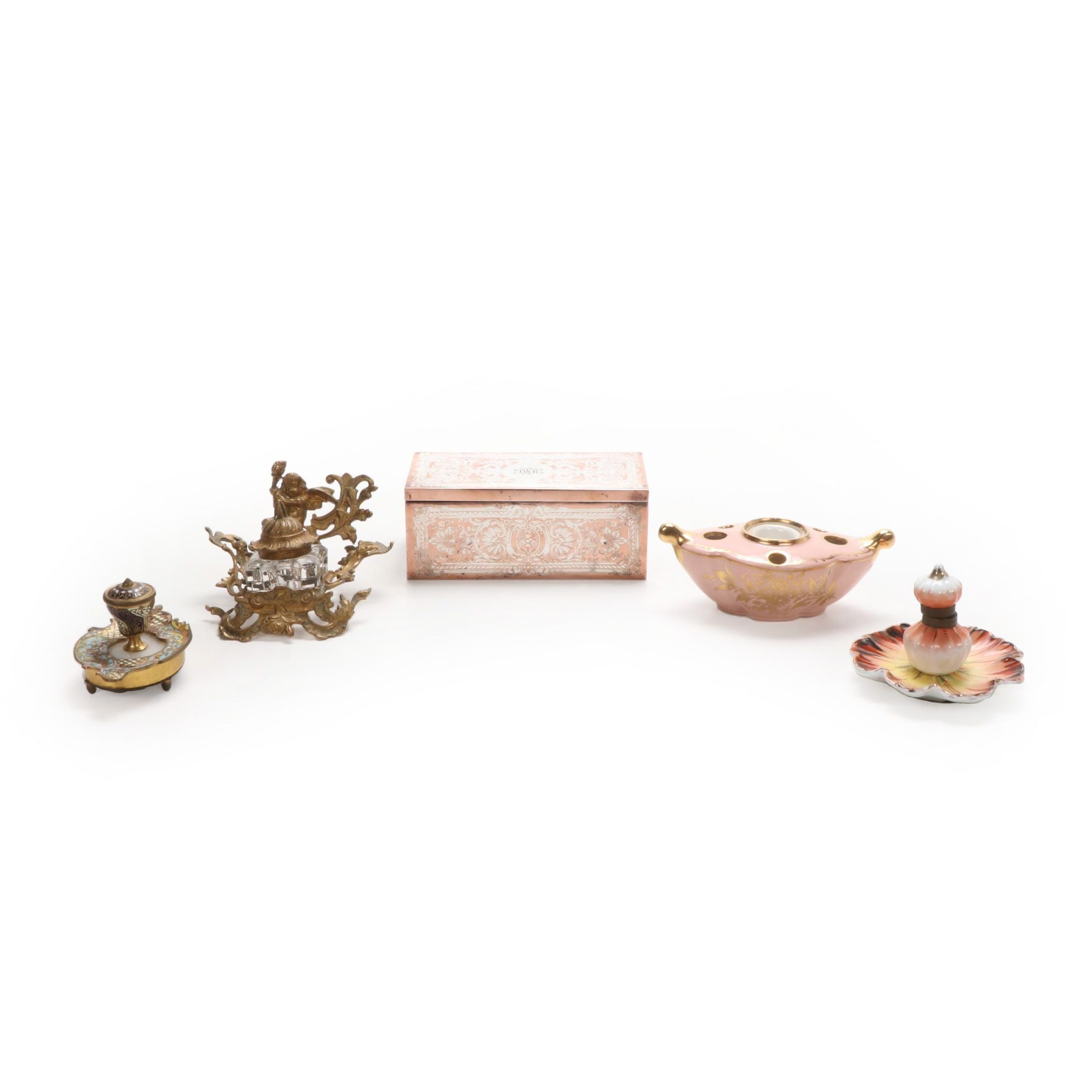 Amoges China and Other Inkwells with Copper Keepsake Box, Early 20th C.