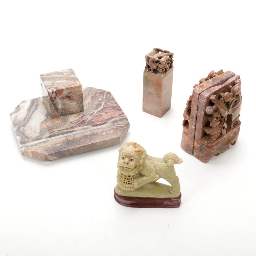 Carved Granite Inkwell, Chinese Seal, Soapstone Bookends and Guardian Lion