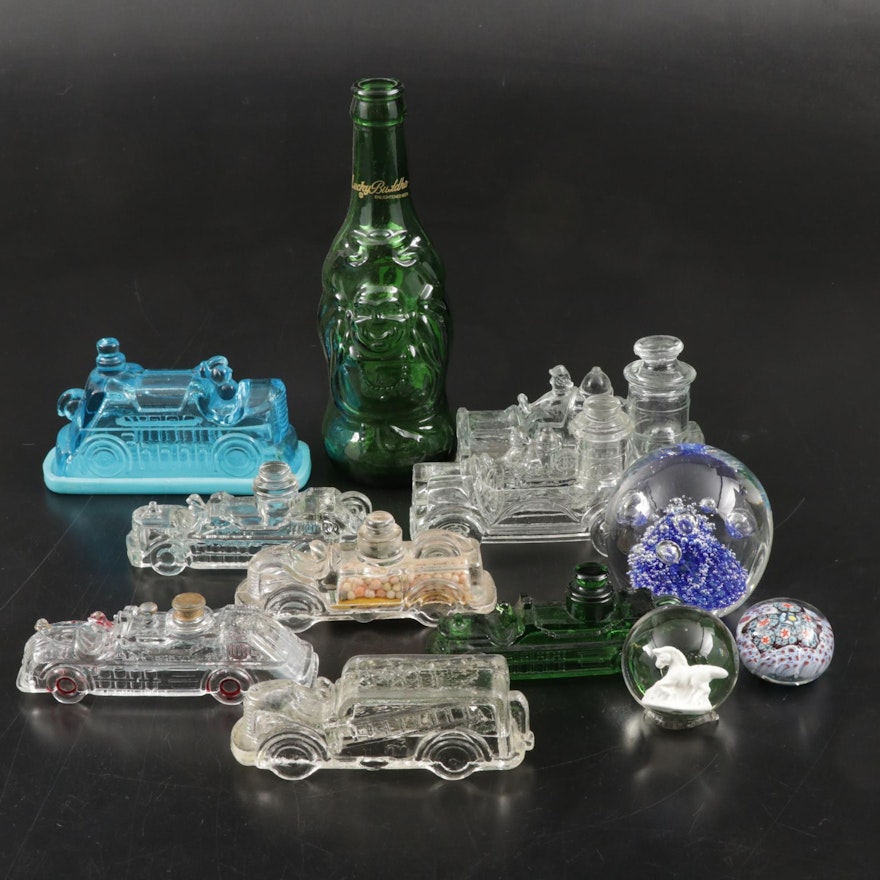 Glass Paperweights with Figural Glass Trains and Others