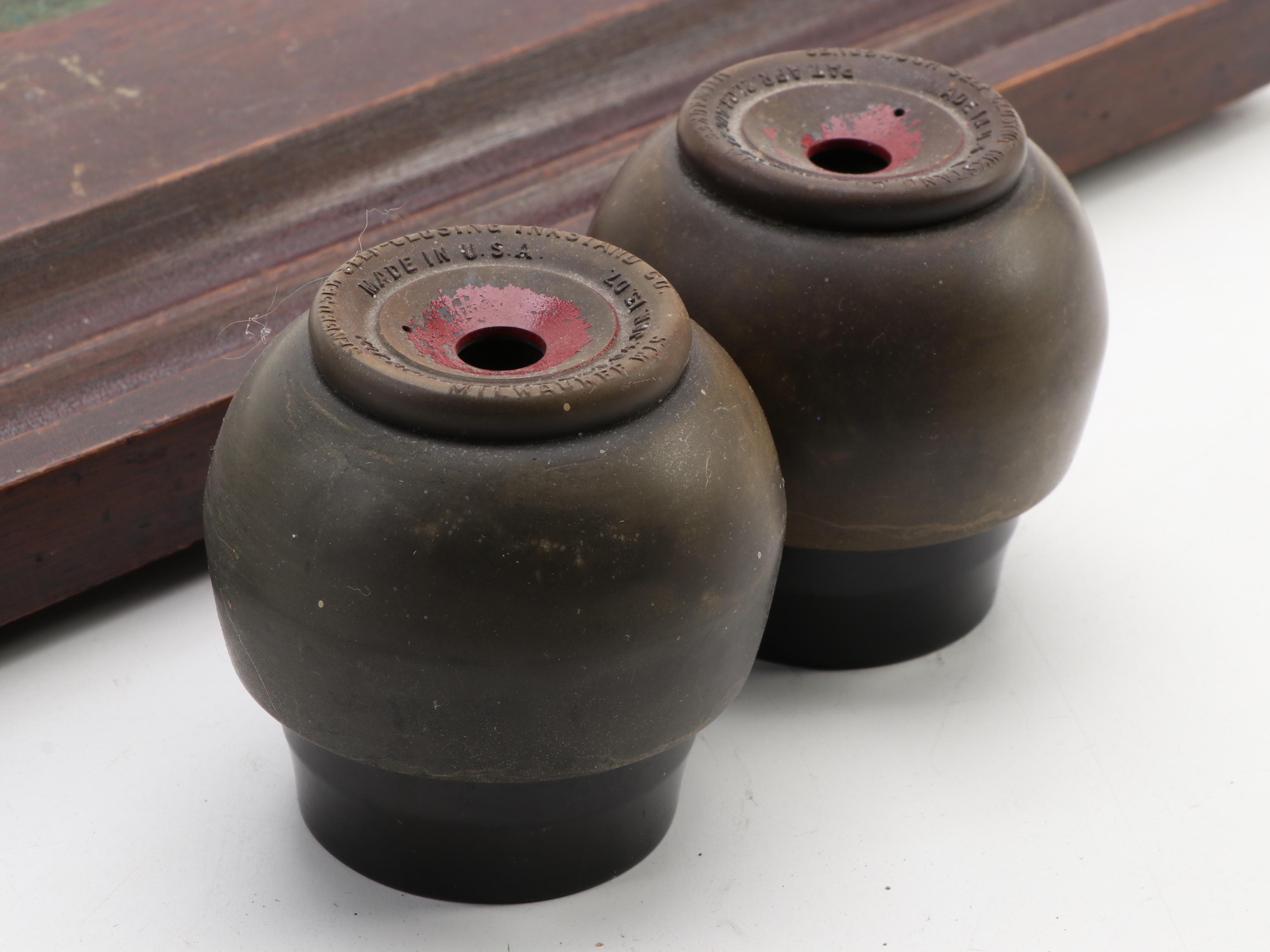 Sengbusch Bakelite Self-Closing Inkwell Set with Other Glass Inkwells