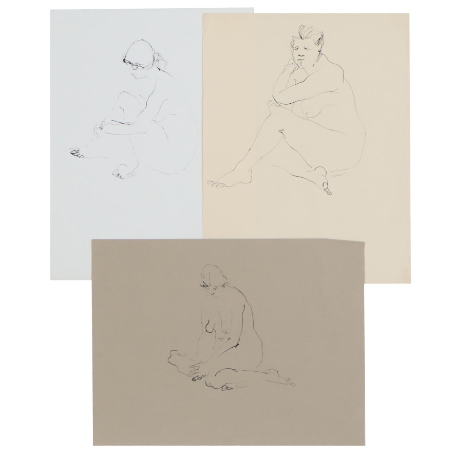 John Tuska Figural Nude Ink Drawings, Mid-Late 20th Century