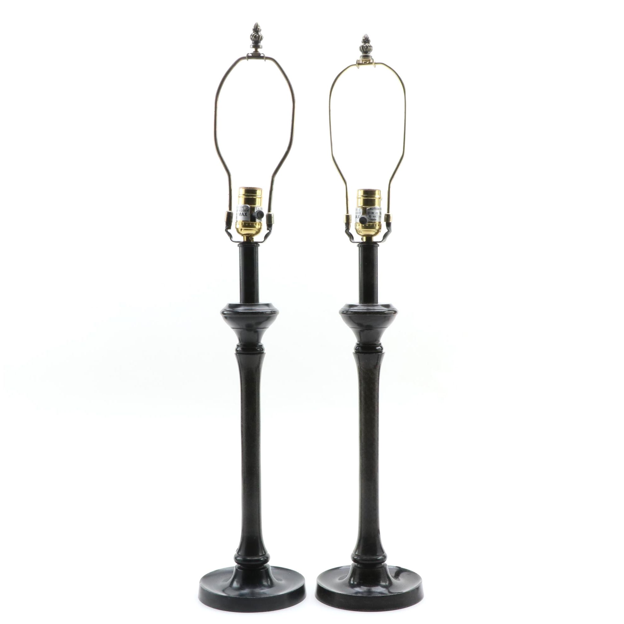 Pair of Pottery Barn Patinated Metal Candlestick Table Lamps