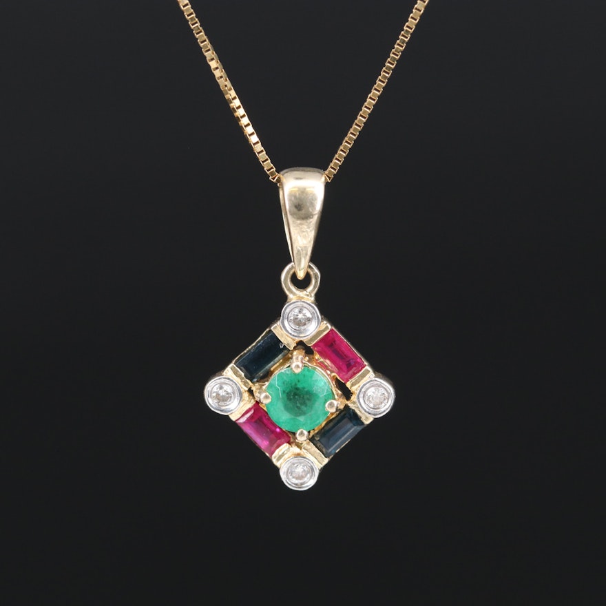 14K Emerald, Ruby, Sapphire and Diamond Necklace