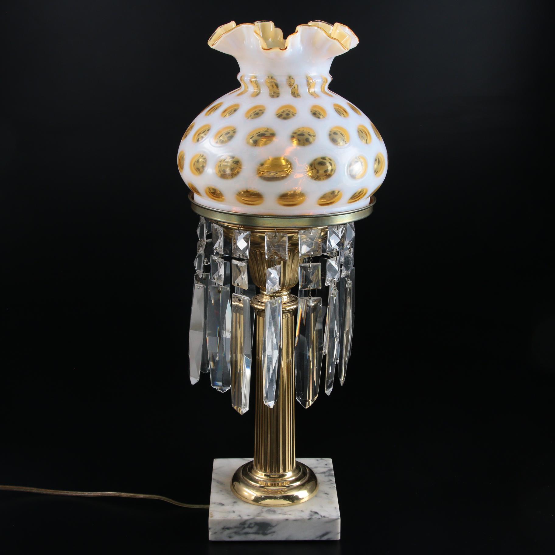 Brass Mantel Luster Table Lamp with Fenton Honeysuckle Coin Dot Glass Shade