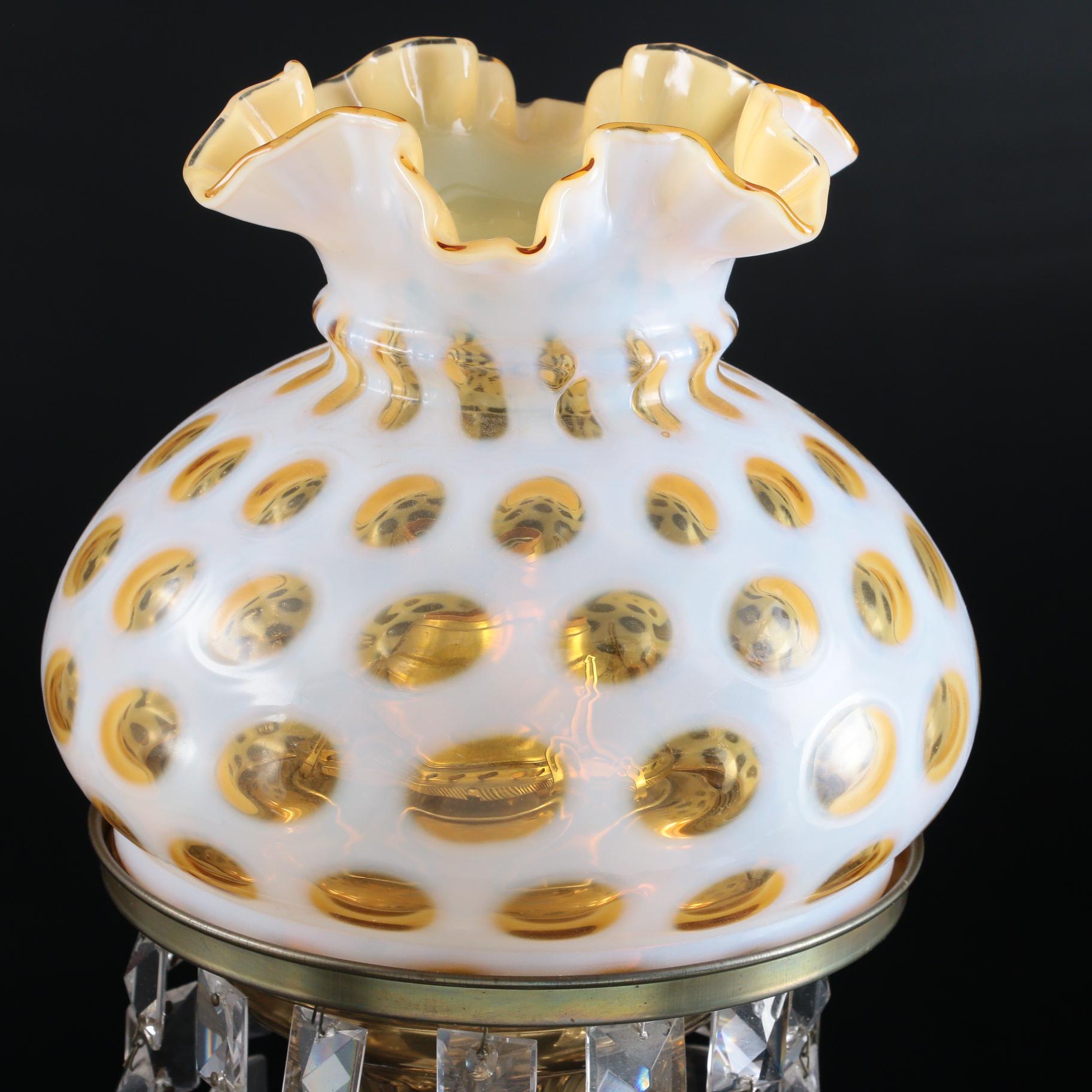 Brass Mantel Luster Table Lamp with Fenton Honeysuckle Coin Dot Glass Shade