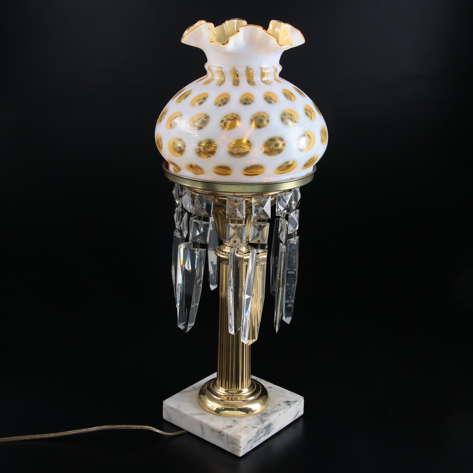 Brass Mantel Luster Table Lamp with Fenton Honeysuckle Coin Dot Glass Shade