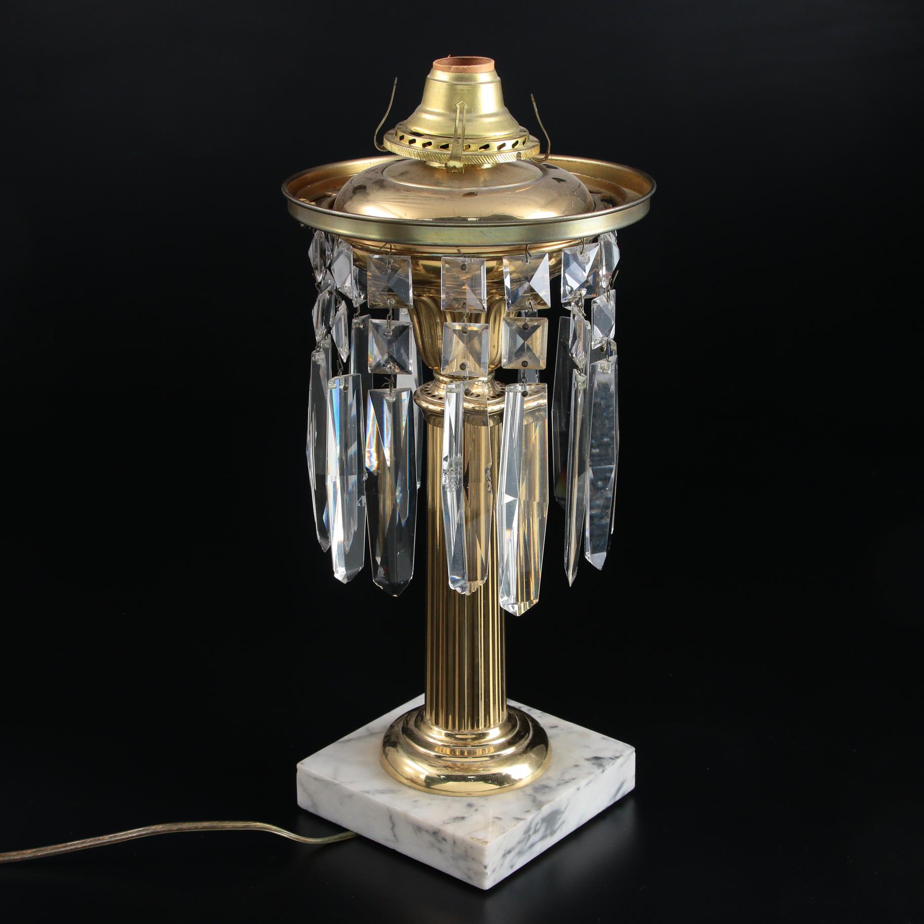 Brass Mantel Luster Table Lamp with Fenton Honeysuckle Coin Dot Glass Shade