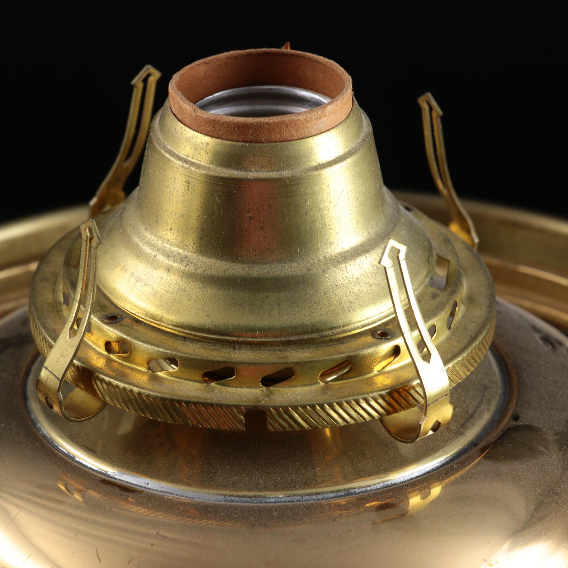 Brass Mantel Luster Table Lamp with Fenton Honeysuckle Coin Dot Glass Shade