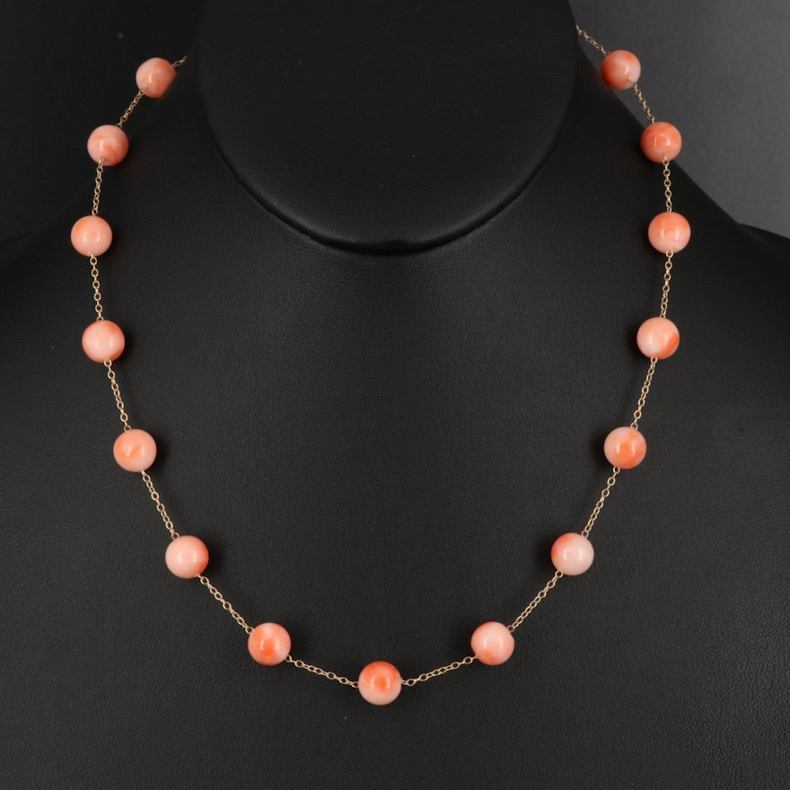 10K Round Coral Bead Station Necklace