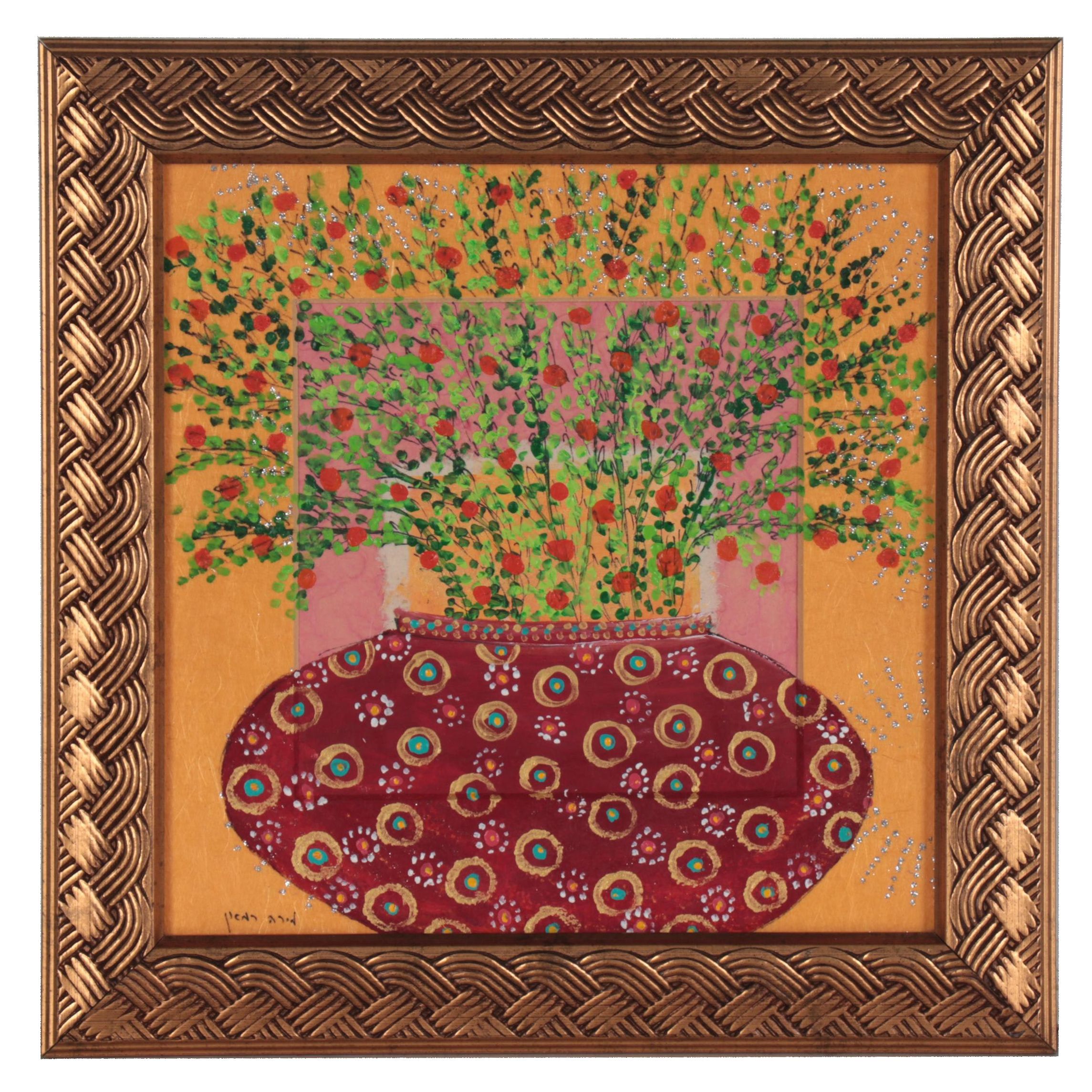Mira Raman Mixed Media Painting of Flower Arrangement, Late 20th Century