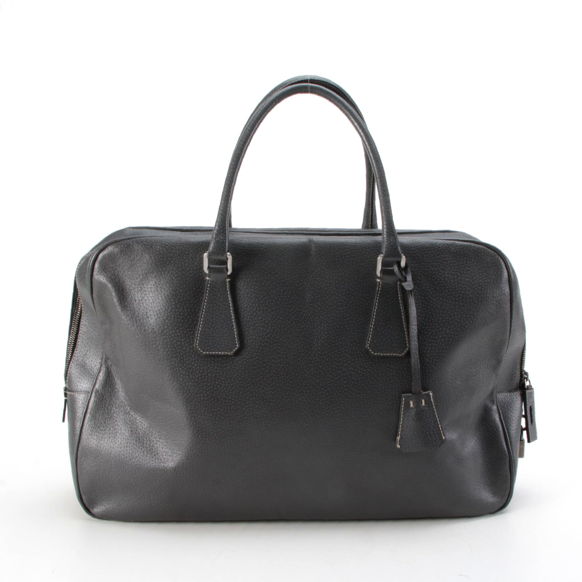 Prada Large Briefcase in Grey Textured Leather with Contrast Stitching
