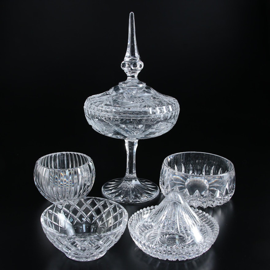 Crystal Compote with Spire Cover and Other Bowls,  Late 20th Century