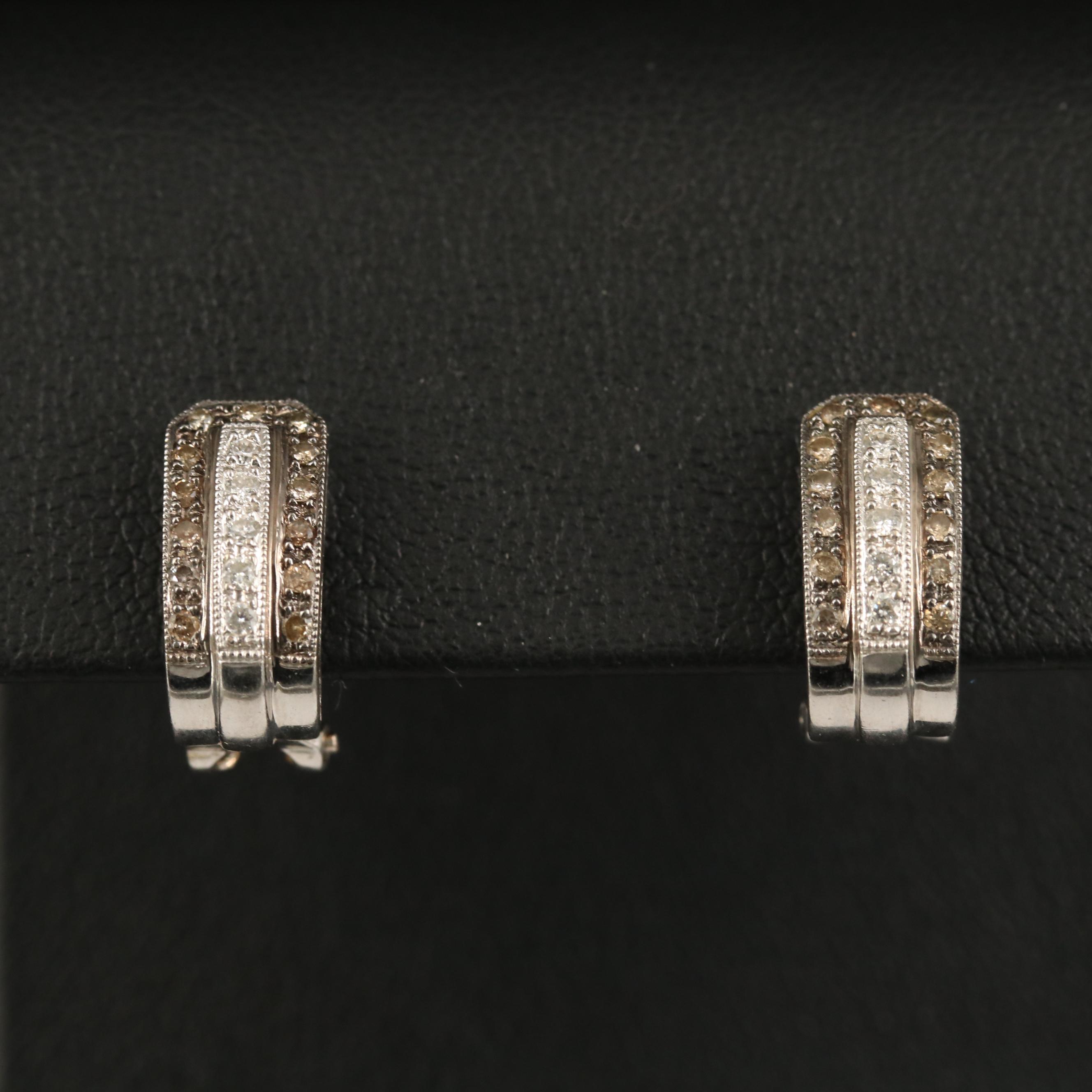 18K Diamond J Hoop Earrings with Milgrain Detail