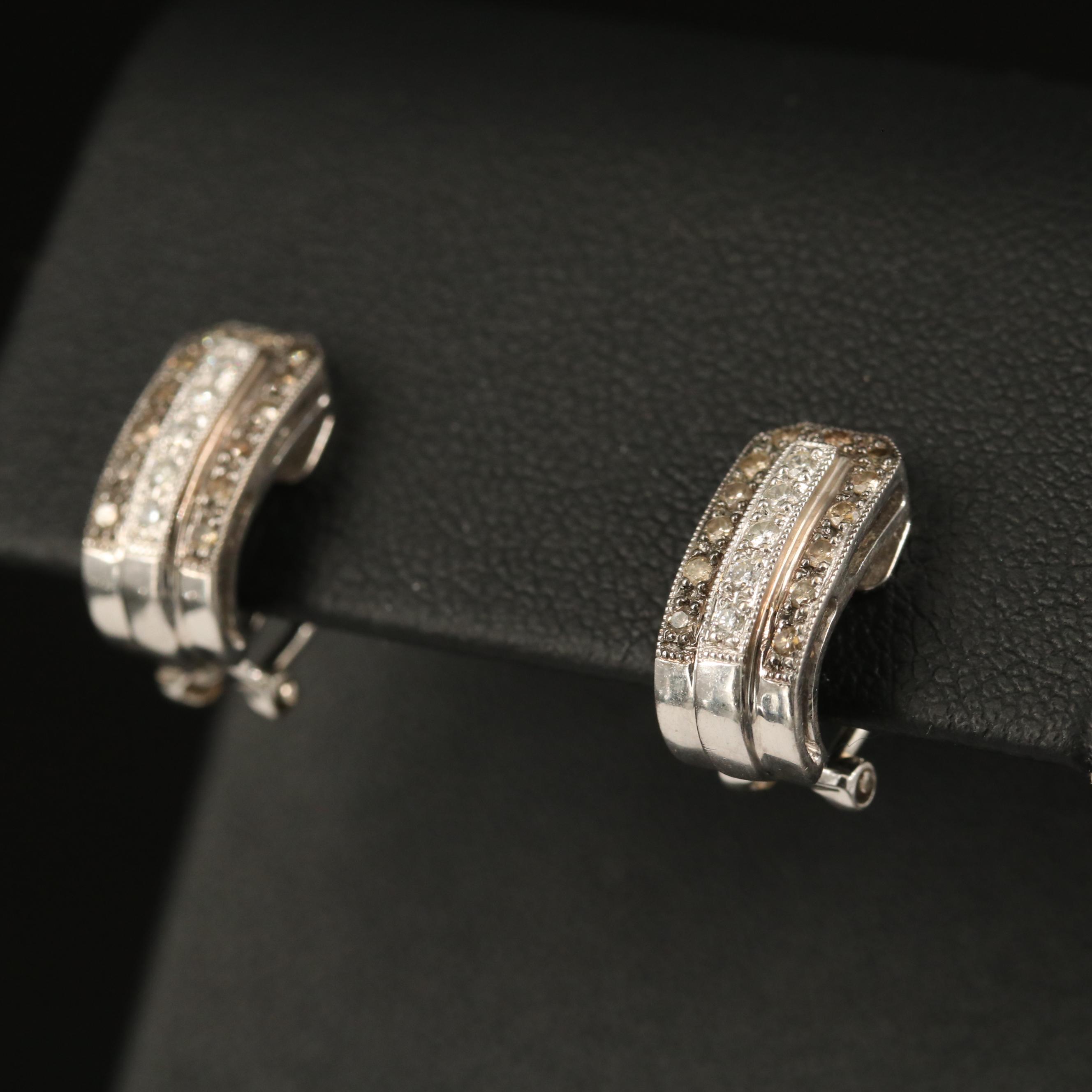 18K Diamond J Hoop Earrings with Milgrain Detail
