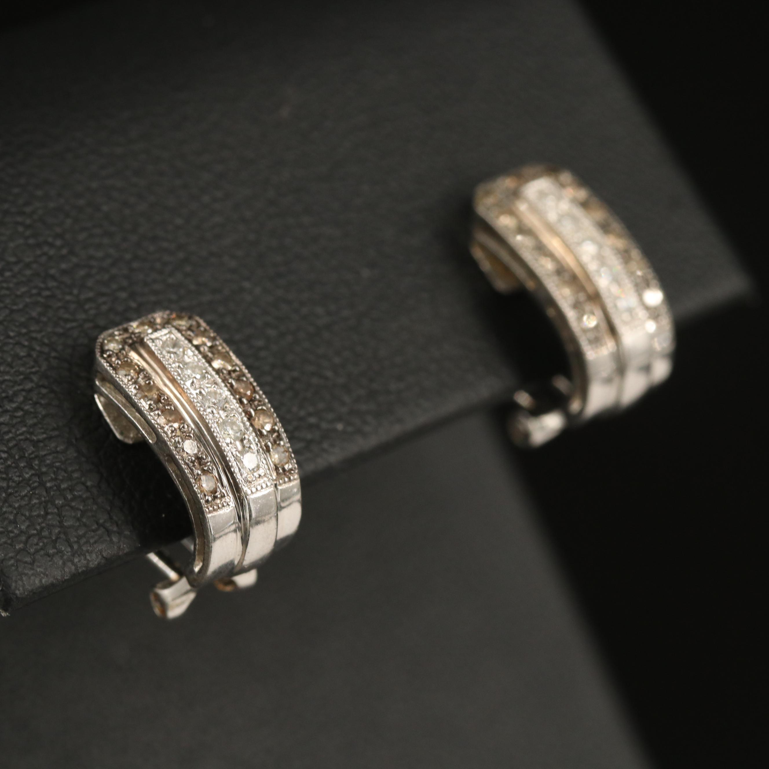 18K Diamond J Hoop Earrings with Milgrain Detail
