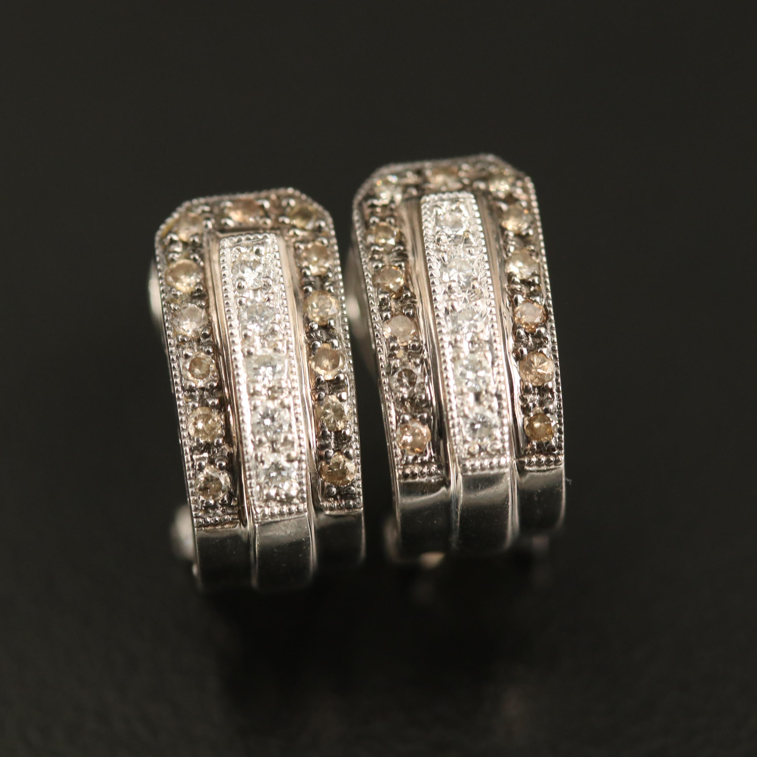18K Diamond J Hoop Earrings with Milgrain Detail