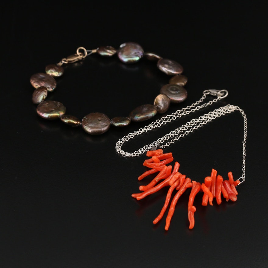 Pearl Bracelet and Sterling Coral Necklace