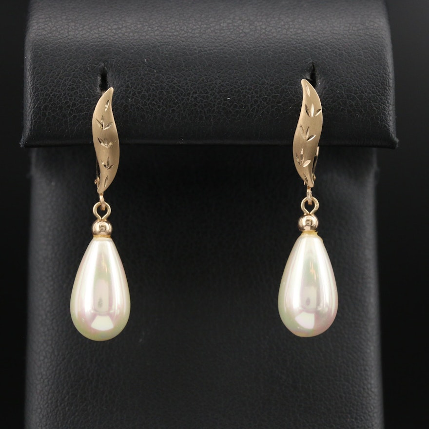 14K Pearl Drop Earrings with Etched Details