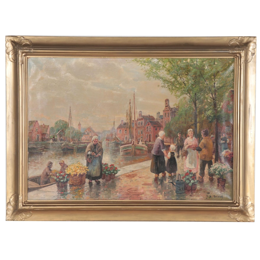 Genre Street Scene Oil Painting with a Flower Vendor